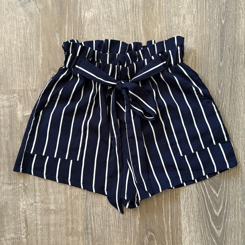 Stripe Paperbag Waist Belted Shorts